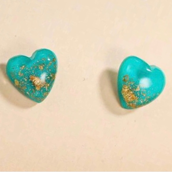 Blue Heart Gold Flake Fleck Glitter Sparkle Resin Dainty Tiny Stud Post Earrings - Picture 13 of 16